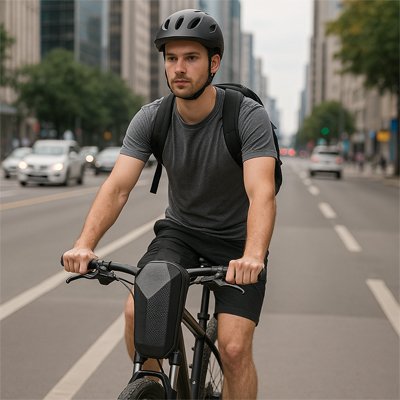 cycliste urbain avec equipement complet noir dont casque, sac a dos et sacoche velo guidon rigide style