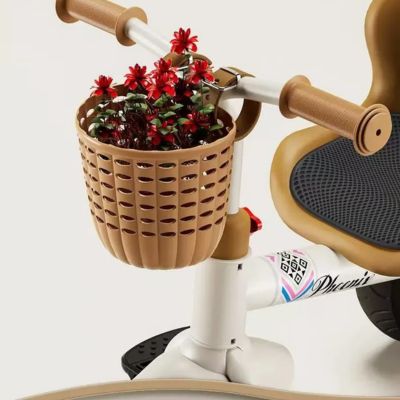 fleurs dans panier a velo brun sur bicyclette microkid