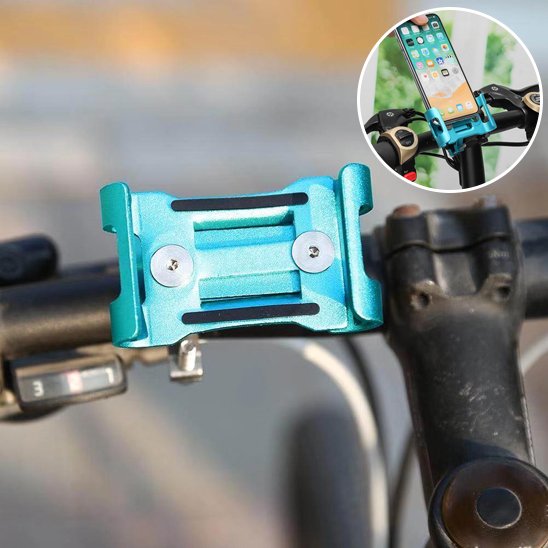 porte telephone pour velo bleu metal contenant mobile blanc sur guidon de velo vue arriere mecanisme