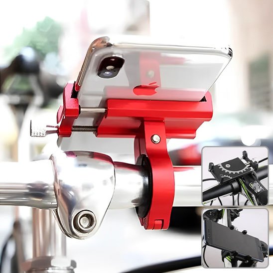 porte telephone pour velo rouge ou noir sur guidon velo avec mobile blanc