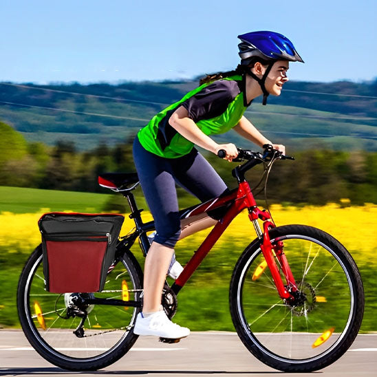 sacoche velo porte bagage sur velo rouge en campagne