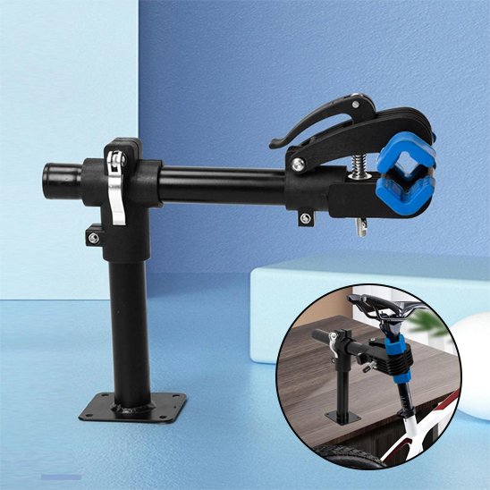 support velo atelier installe sur etablie pour entretien reparation retenant horizontalement velo par tige de selle