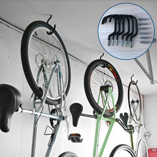 trois velos suspendu au plafond par roue arriere avec support velo mural dans garage