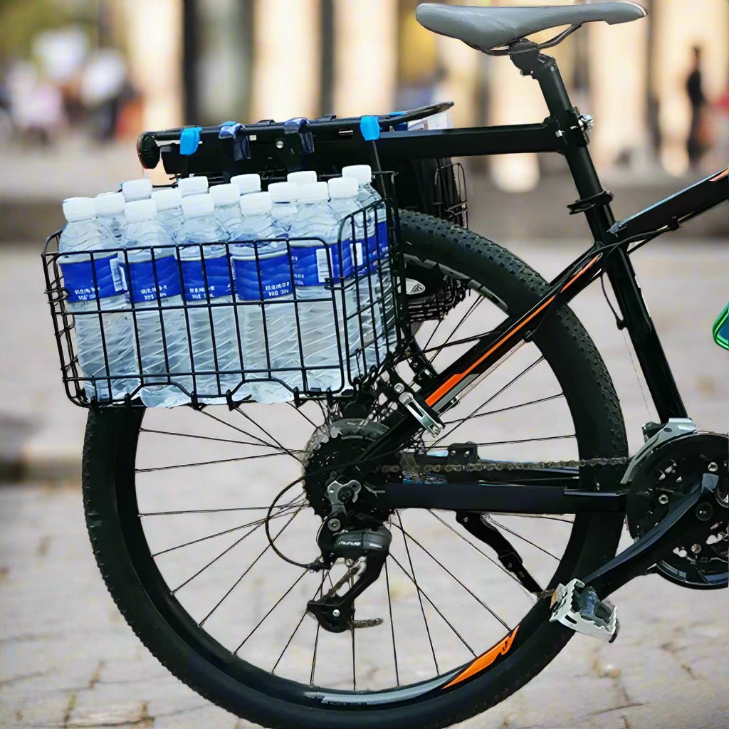 velo panier de transport metallique noir pliable sur arriere bicyclette