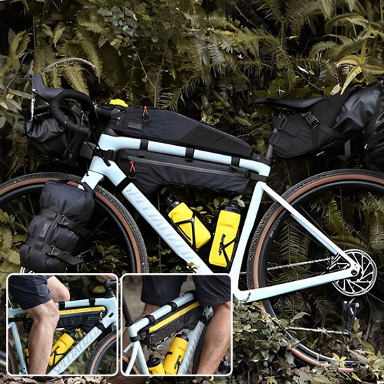 velo blanc avec bagages multiples et sacoche cadre velo devant foret tropicale