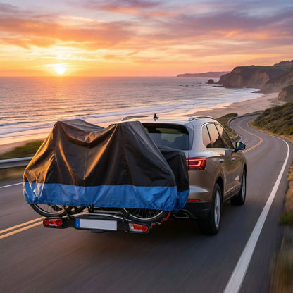 2 vélos sur remorque derrière voiture soleil couchant mer