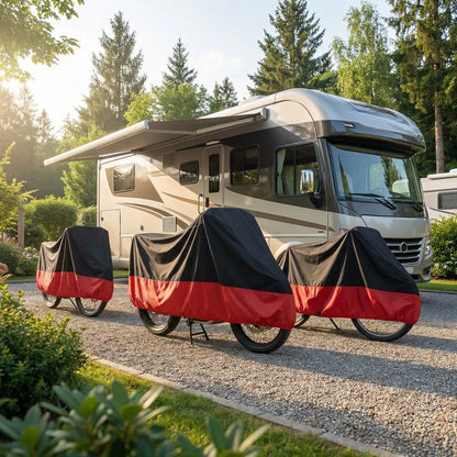 3 vélos couvert housse transport vélo devant un toit de motorisé en camping
