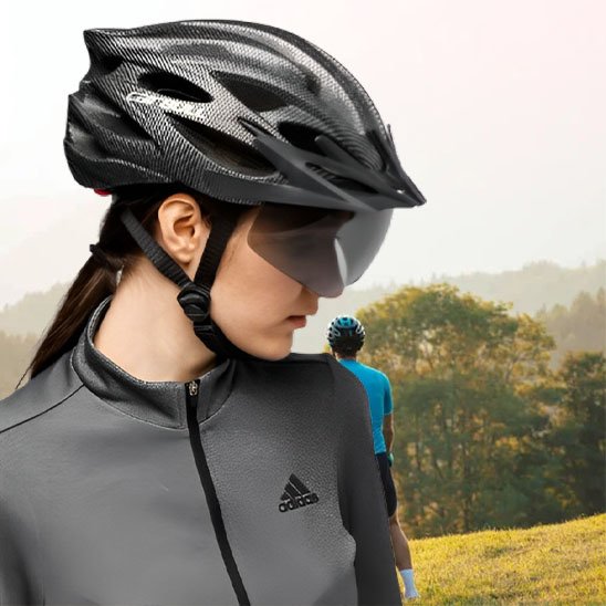 Femme cycliste avec casque velo visiere polarisée