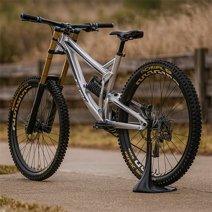 Mountain bike sur support velo simpliste sur route campagne