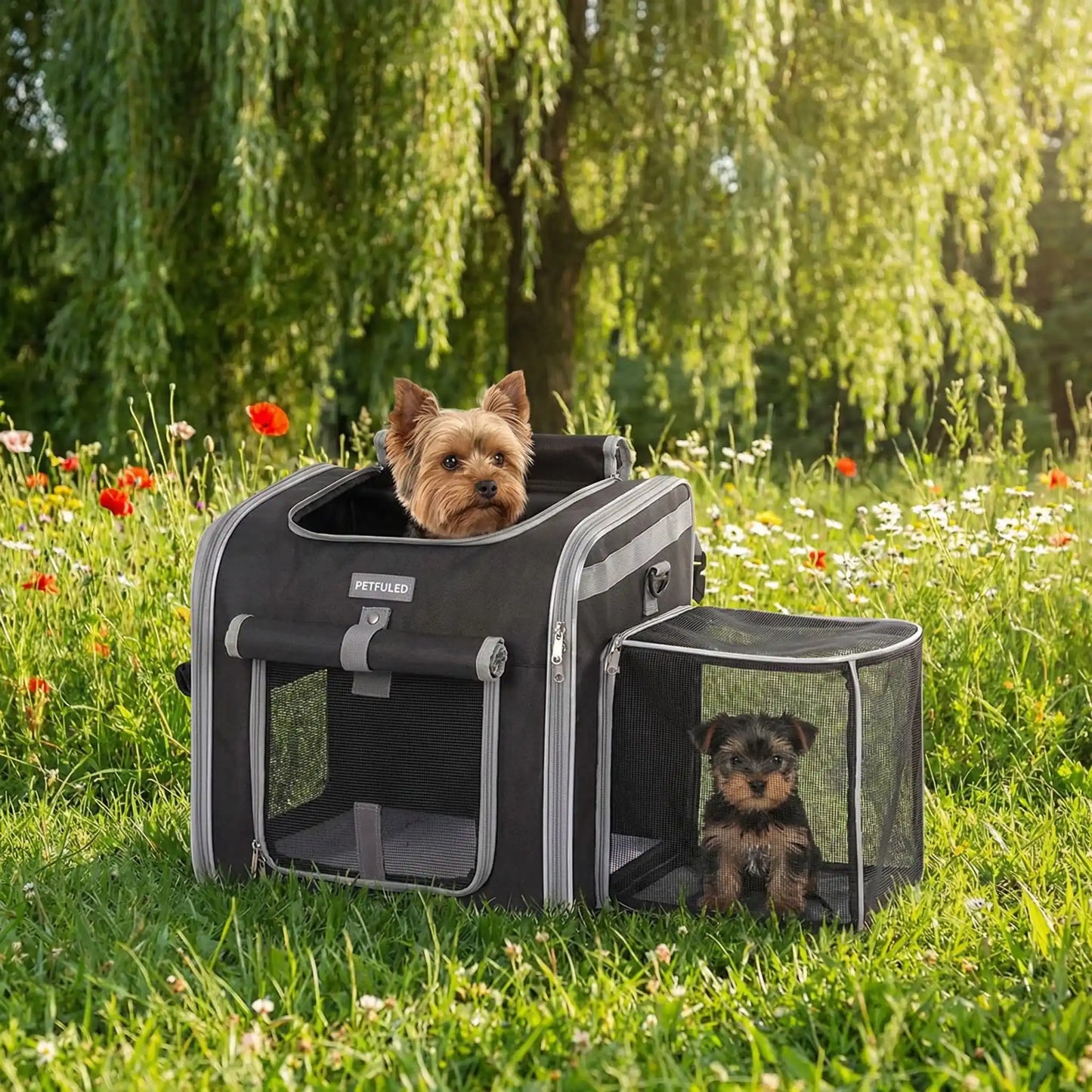 Photo_sac_Panier_velo_pour_chien_dans_parc_ensoleille_avec_Yorkshire_et_son_petit