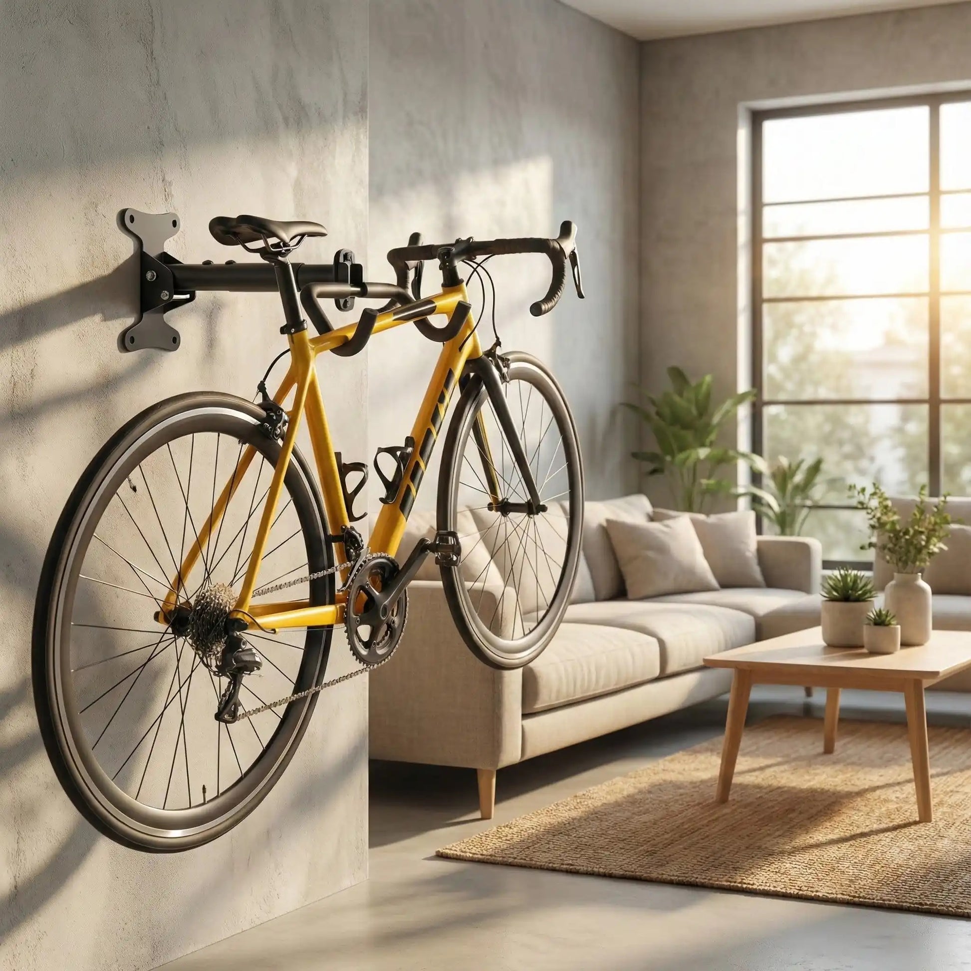 Vélo de route jaune et noir suspendu horizontalement par support dans salon moderne ensoleillé