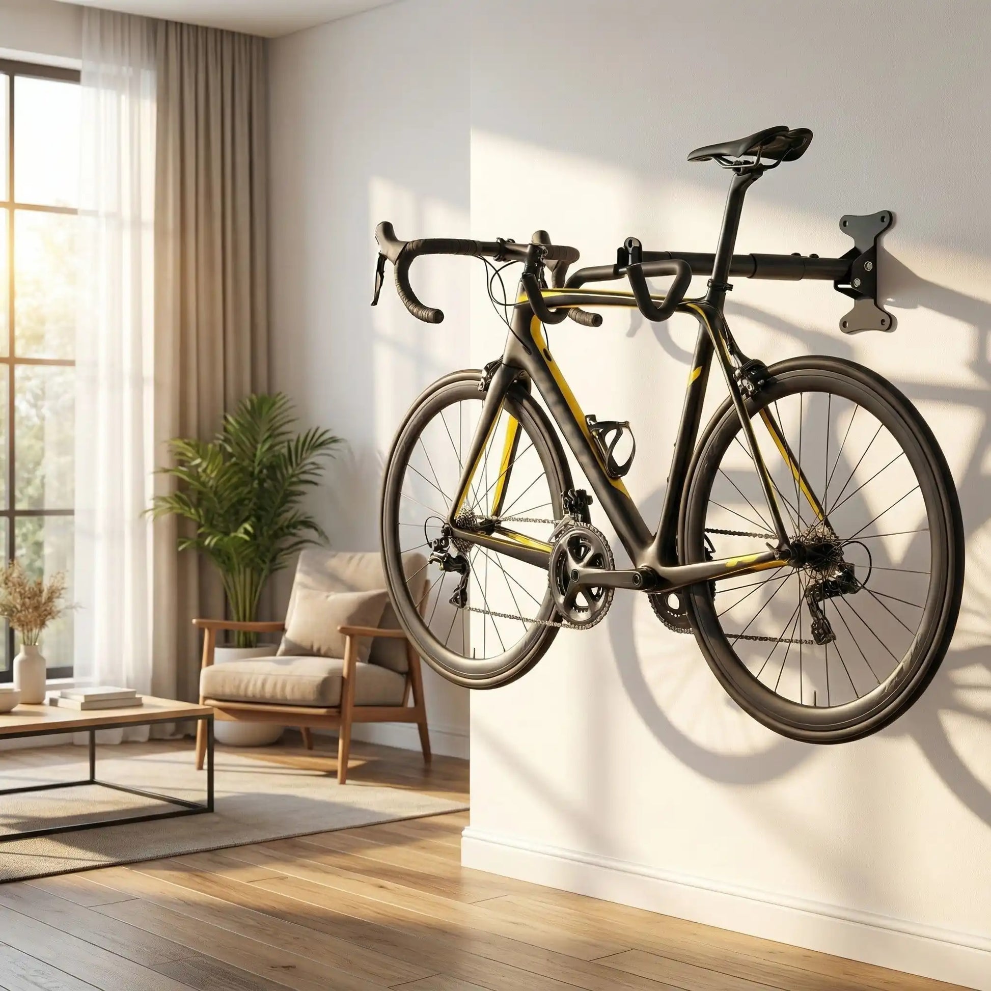 Vélo de route noir et jaune suspendu par support dans salon ensoleillé