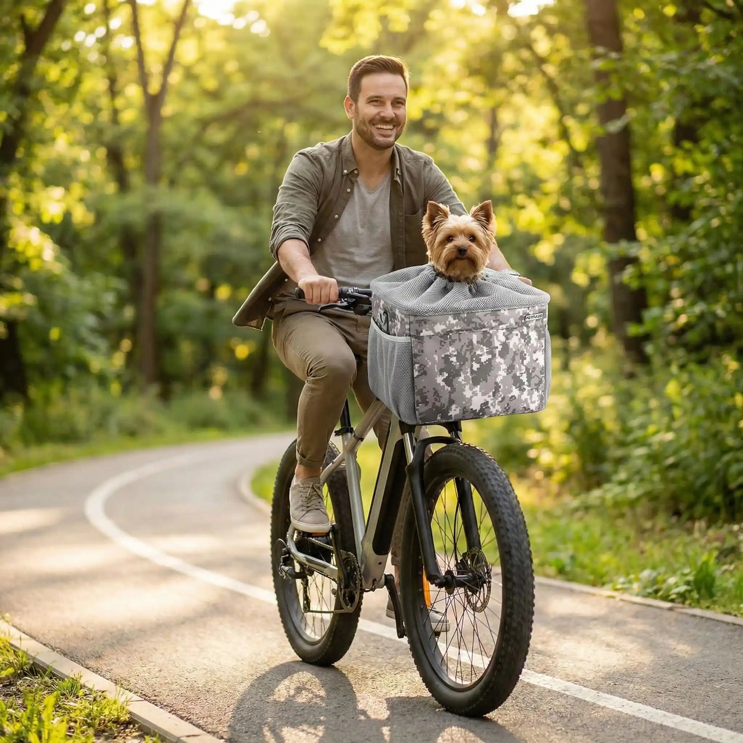cycliste dans bois avec yorkshire petit chien dans panier pour velo chien