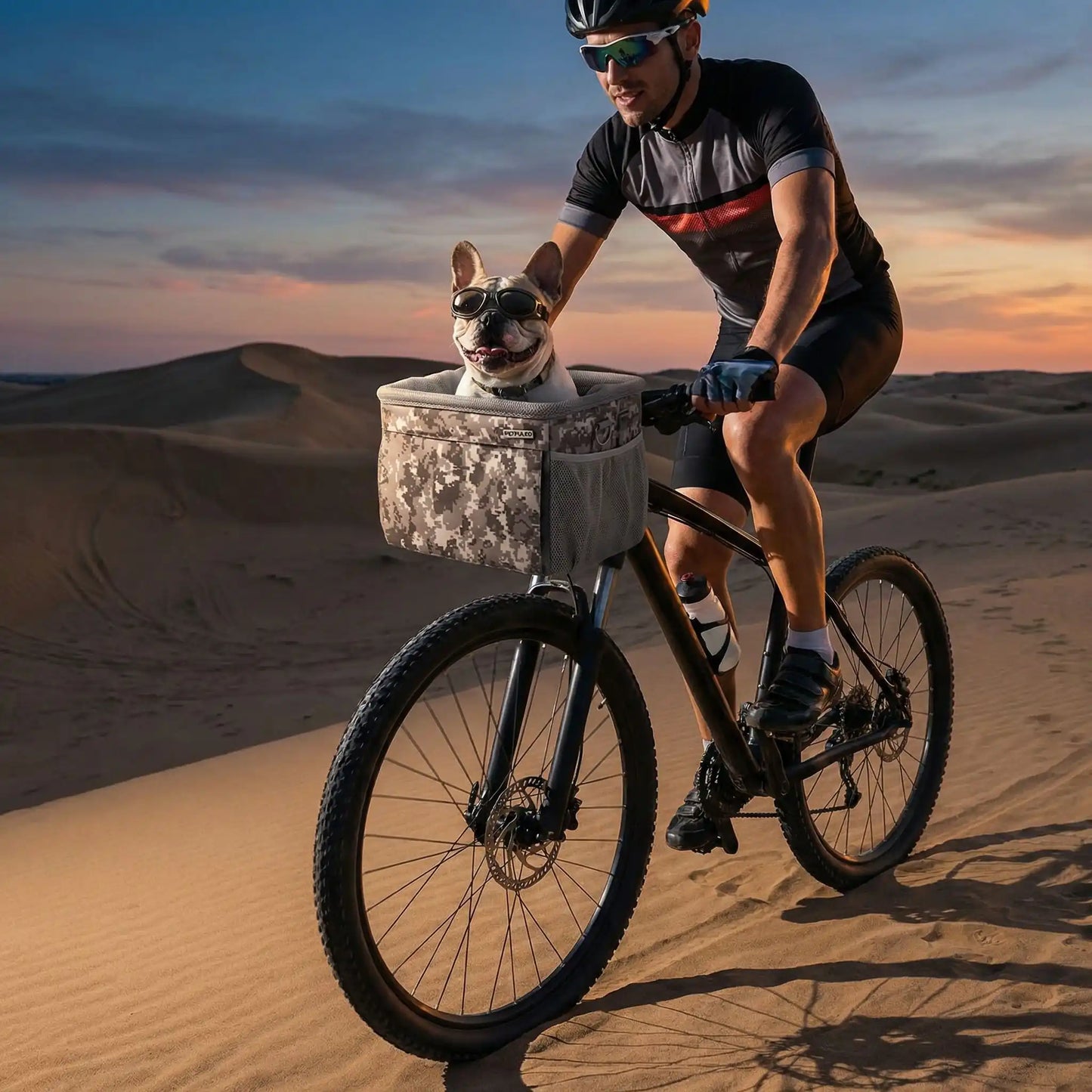 cycliste dans dunes sable avec bouledogue francais dans panier pour velo chien