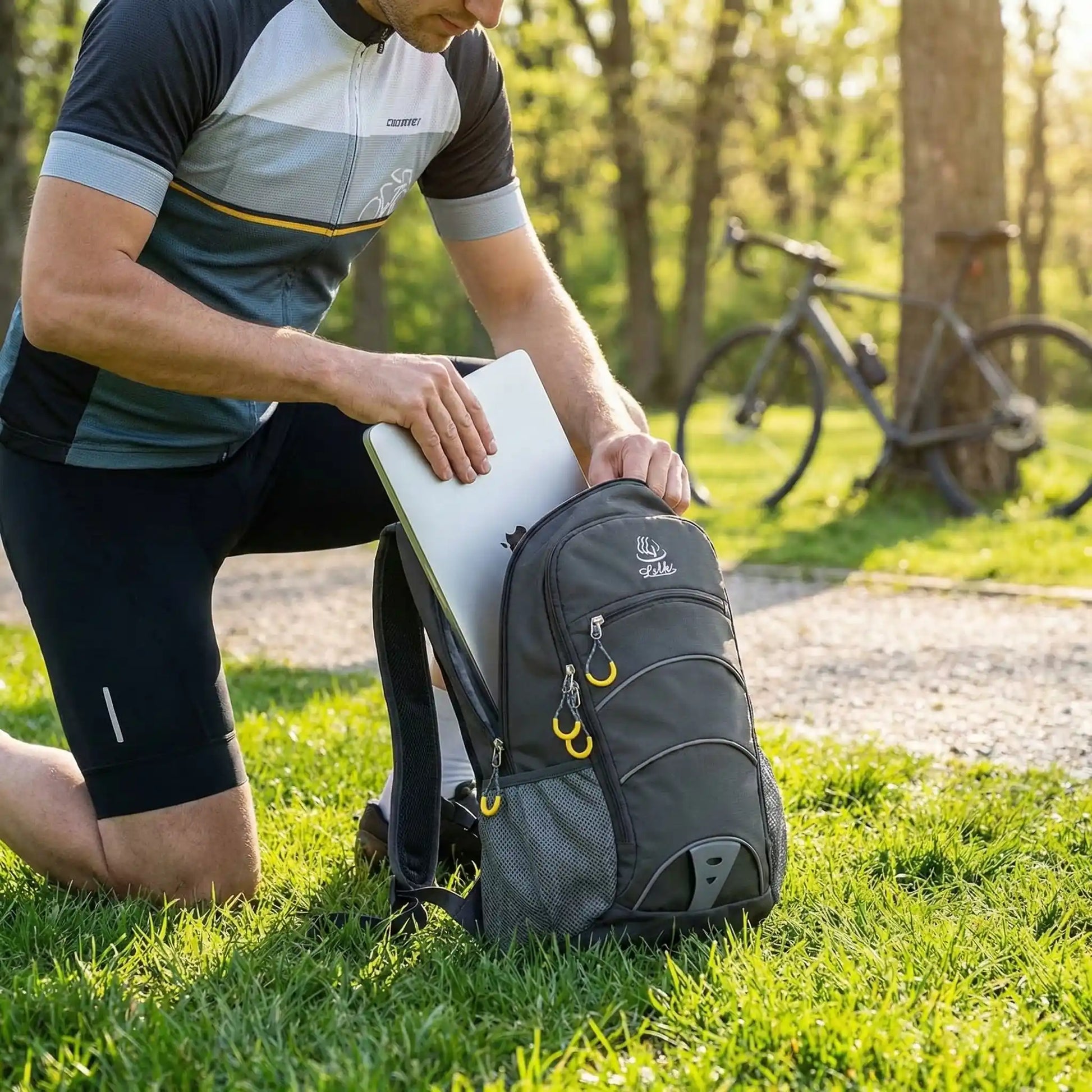 cycliste_mettant_un_laptop_dans_son_sac_de_velo_agenouille_dans_l_herbe
