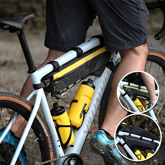 cycliste sur velo blanc avec sacoche cadre velo longueur cadre superieur et deux gourdes jaunes