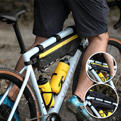 cycliste sur velo blanc avec sacoche cadre velo longueur cadre superieur et deux gourdes jaunes