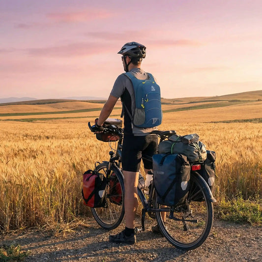 cycliste_voyageur_avec_sacs_de_voyage_et_sac_a_dos_bleu_devant_champ_de_ble