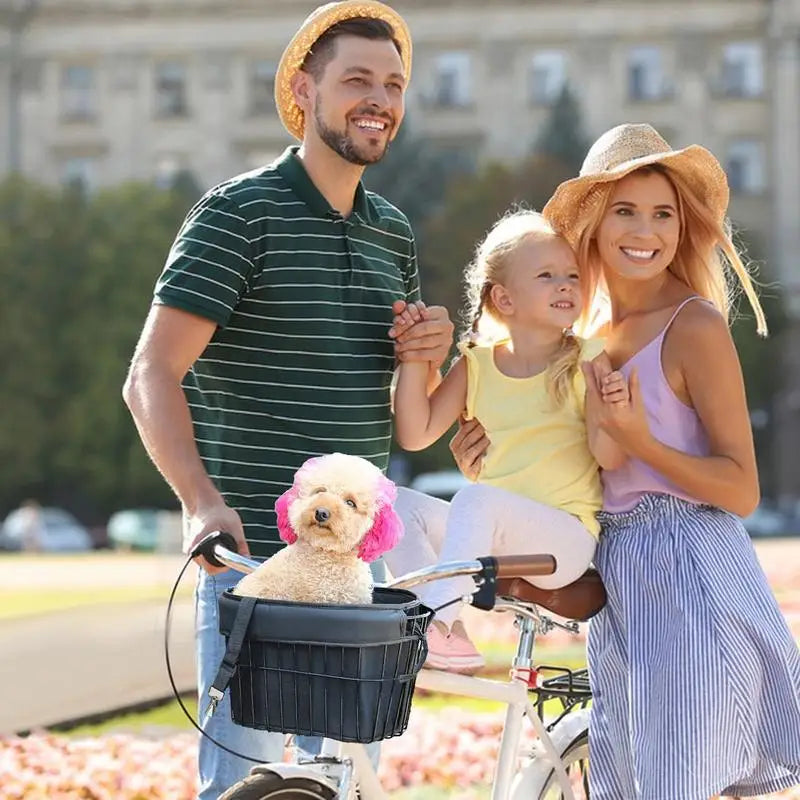 famille avec panier velo chien en campagne