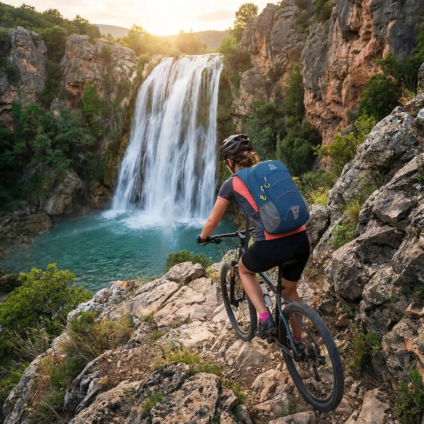femme_cycliste_avec_sac_a_dos_devant_falaise_avec_chutes