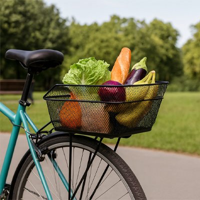 fruits et legumes dans panier velo sur porte-bagage arriere velo devant arbres et parc