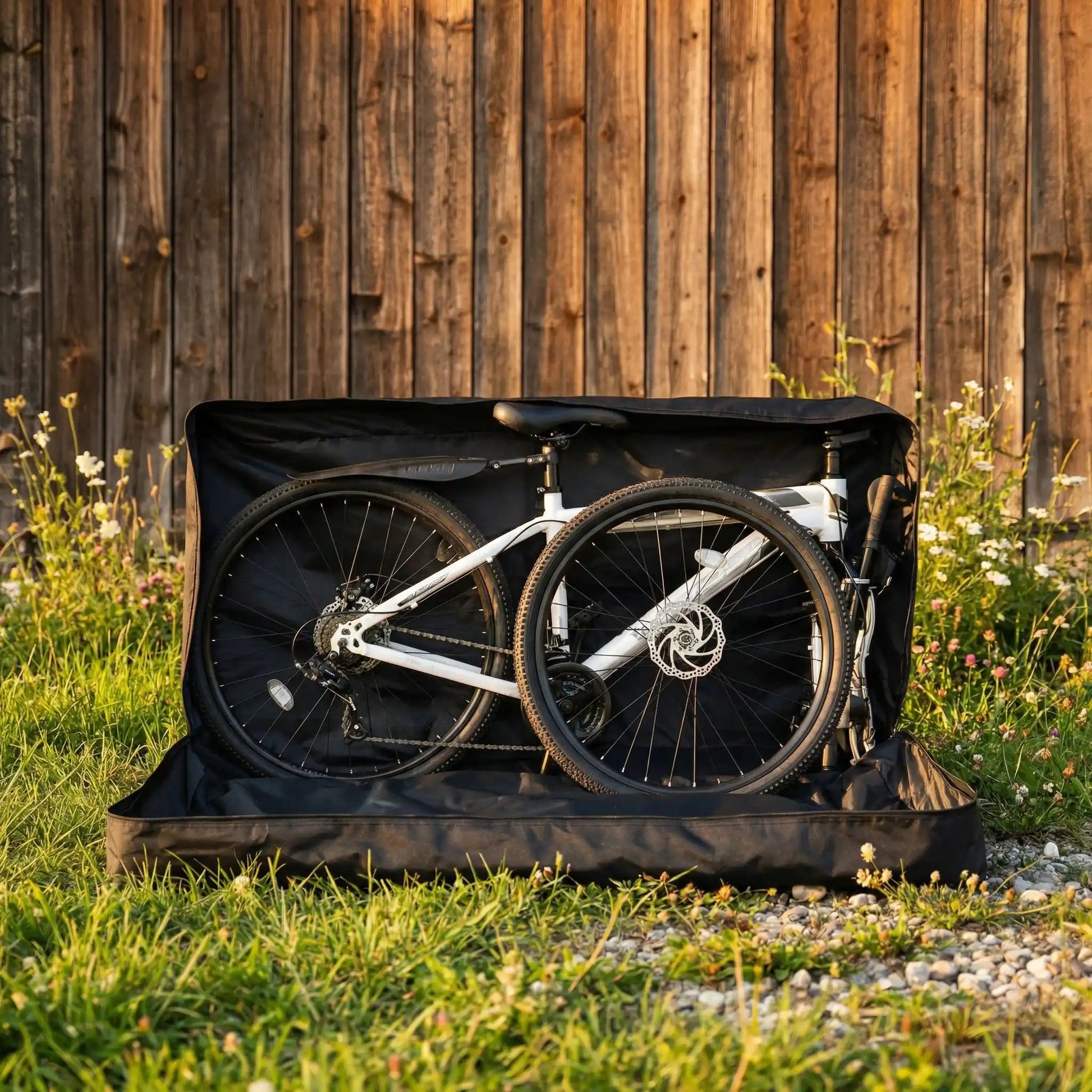 housse à vélo transport sur herbe contenant velo