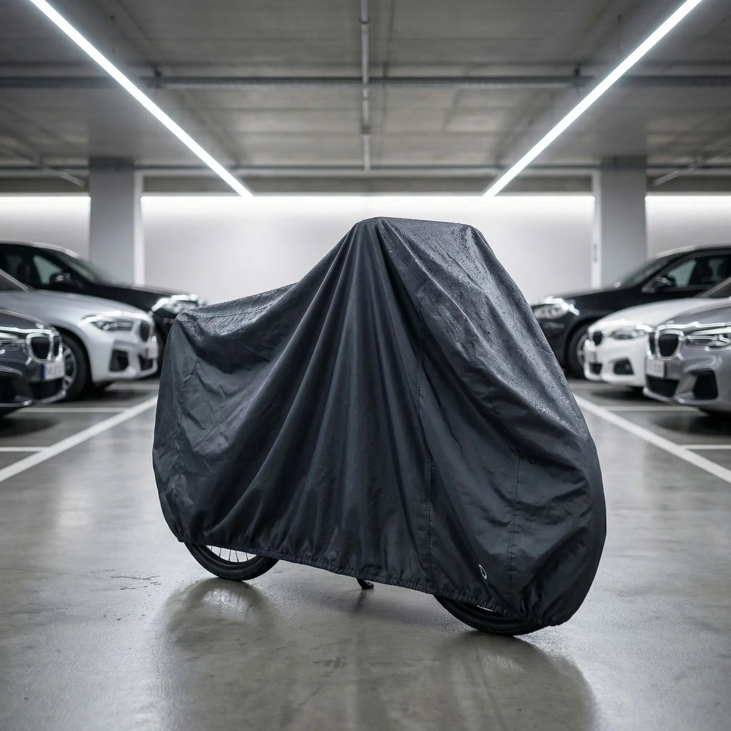 housse pour vélo noir sur vélo ou moto dans garage publique intérieur