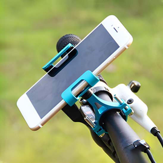 porte telephone pour velo bleu contenant mobile blanc sur guidon de velo