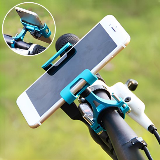 porte telephone pour velo bleu metal contenant mobile blanc sur guidon de velo