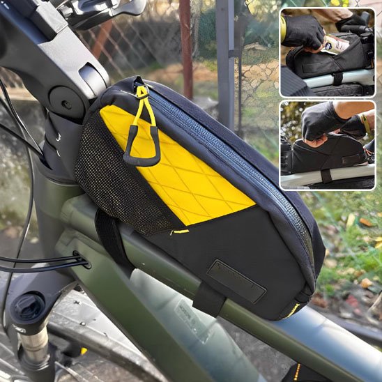sac velo noir et jaune deux velcros d attache sur velo vert avec fermeture eclaire en son centre