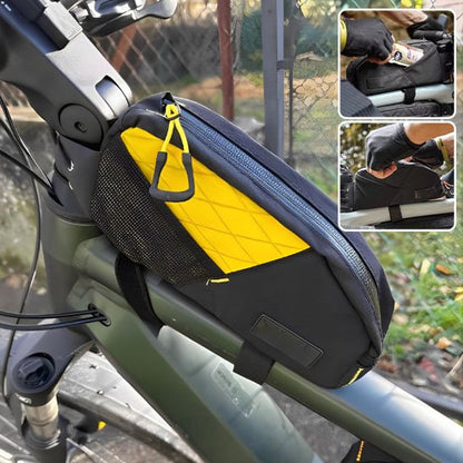 sac velo noir et jaune deux velcros d attache sur velo vert avec fermeture eclaire en son centre