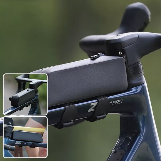 sacoche velo cadre rigide rectangulaire sur cadre superieur velo bleu pres guidon