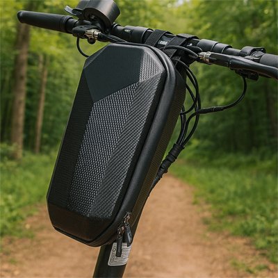 sacoche velo guidon rigide noire longue sur vertical avec fermeture eclaire installe sur guidon velo