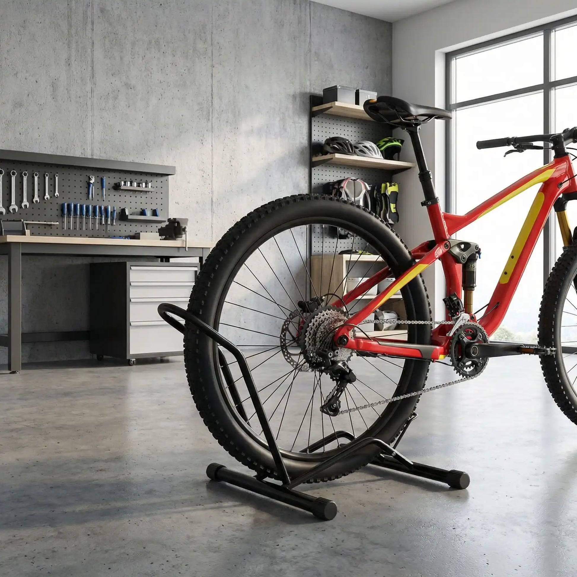 support-bicyclette-vtt-orange-et-jaune-dans-garage-domicile