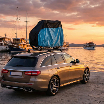 véhicule sur quaie devant bateaux avec bicyclettes sur toit couvert par housse à vélo bleue