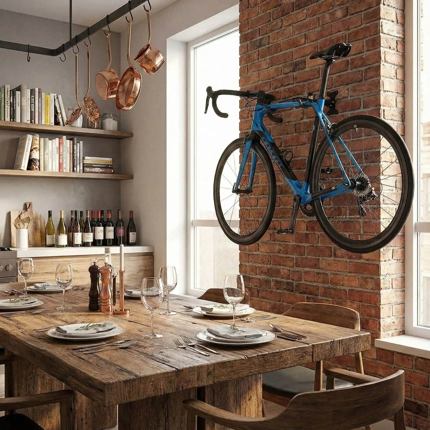 vélo de route bleu et noir suspendu horizontalement sur support vélo dans salle à manger d'un chef cuisinier