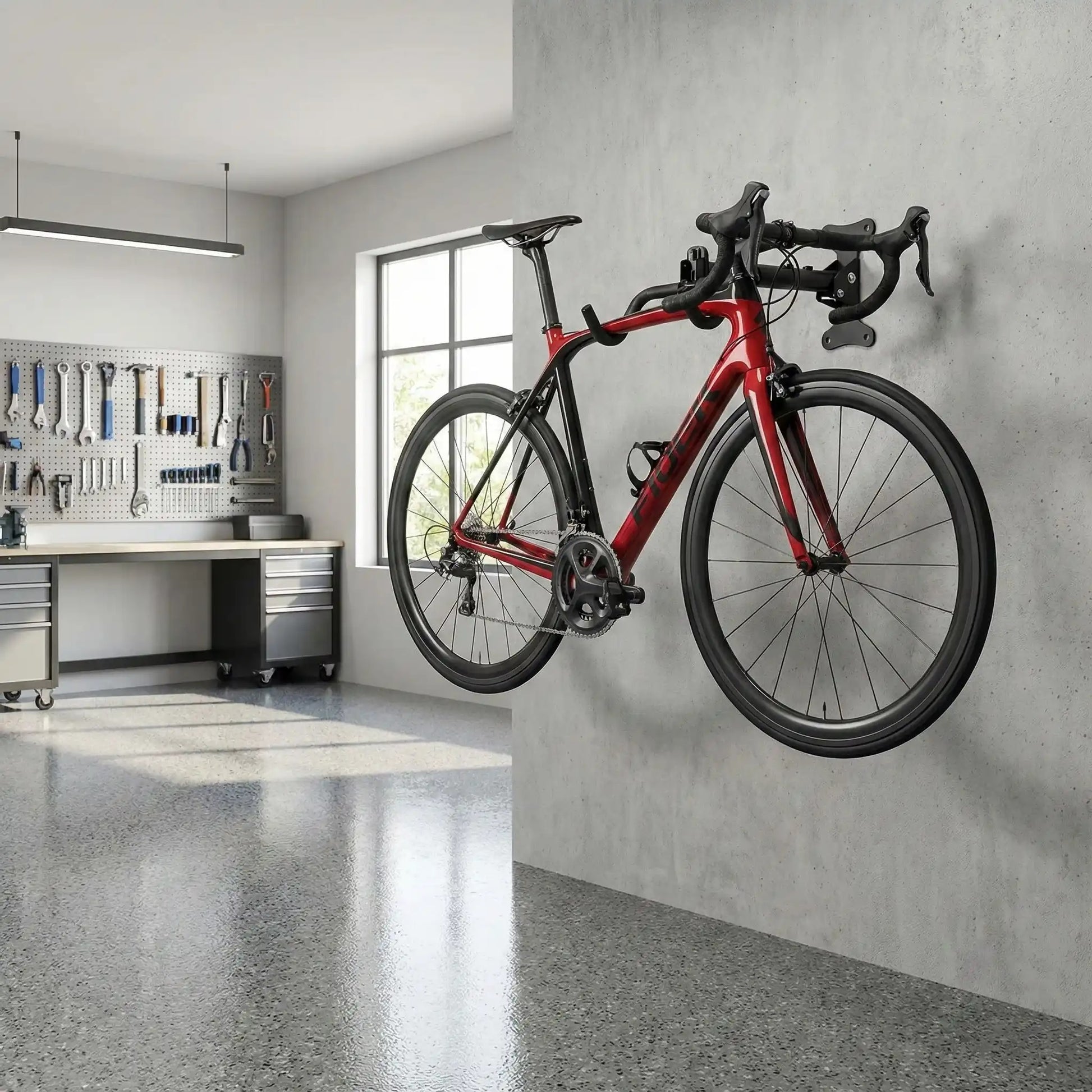 vélo de route rouge et noir suspendu horizontalement sur support vélo dans garage propre et spacieux plancher lisse