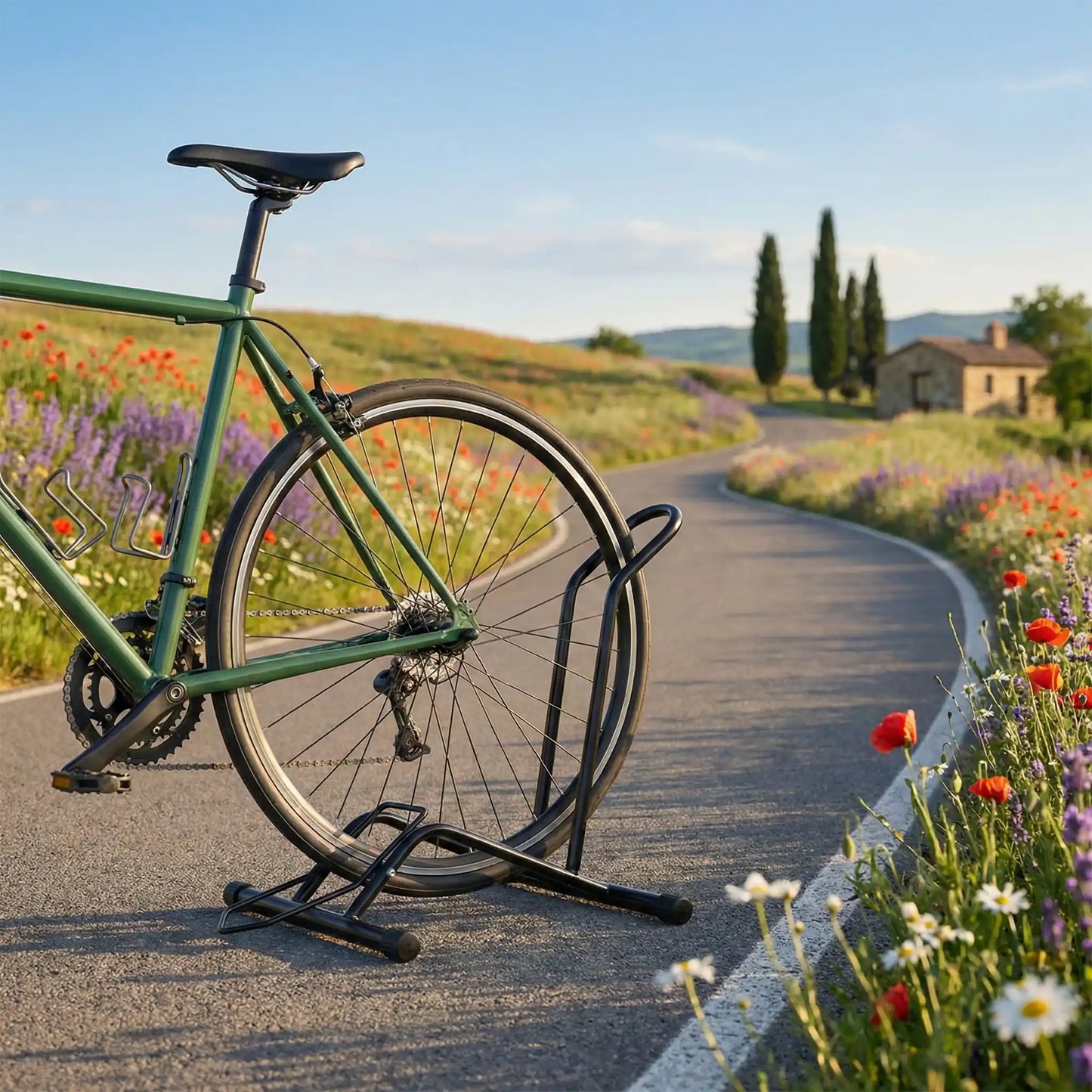 velo-de-route-vert-dans-support-bicyclette-sur-route-asphaltee-dans-collines-parsemees-de-fleurs