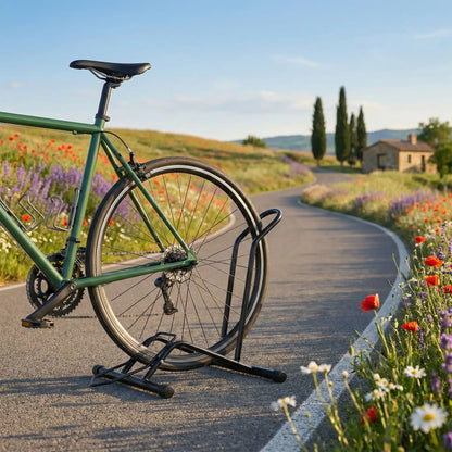 velo-de-route-vert-dans-support-bicyclette-sur-route-asphaltee-dans-collines-parsemees-de-fleurs
