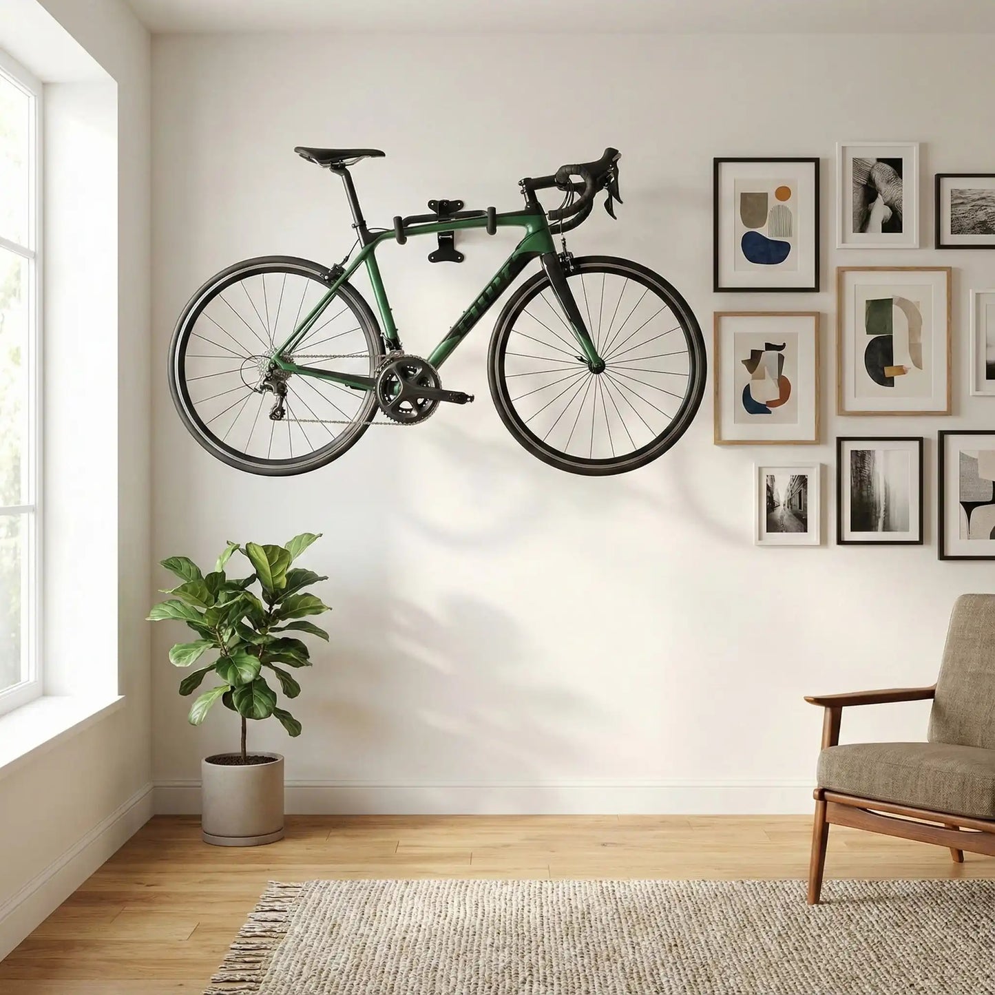 vélo de route vert et noir suspendu horizontalement sur support vélo dans salon près d'oeuvres d'art