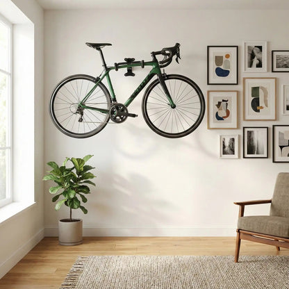 vélo de route vert et noir suspendu horizontalement sur support vélo dans salon près d'oeuvres d'art