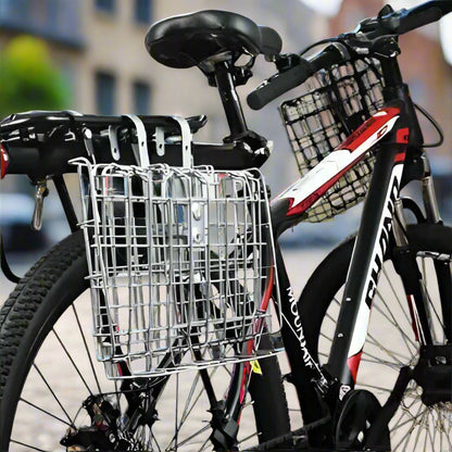 velo panier de transport metallique noir pliable ferme sur bicyclette arriere