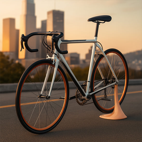 velo route sur avec support velo sur route pavee devant edifices