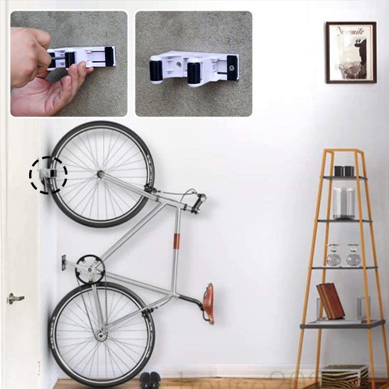 velo hauteur plancher installer verticalement au mur retenu par roue avec support velo 