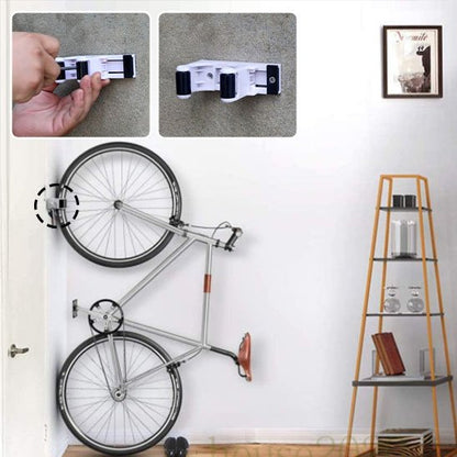 velo hauteur plancher installer verticalement au mur retenu par roue avec support velo 