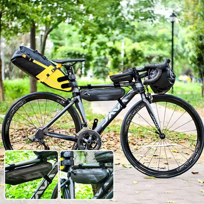 velo noir a cadre large dans parc ensoleille avec feuilles d automne habille de sacoche velo cadre