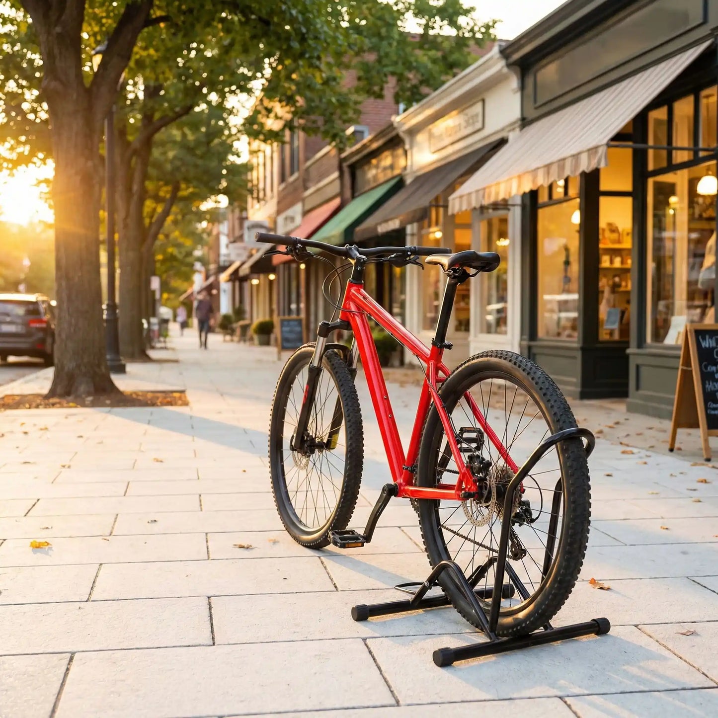 vtt-rouge-pneu-arriere-dans-support-bicyclette-sur-trottoir-devant-magasins-locaux