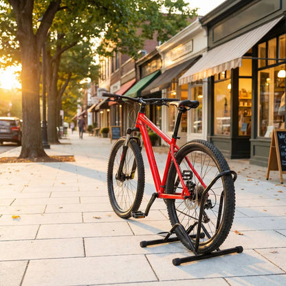 vtt-rouge-pneu-arriere-dans-support-bicyclette-sur-trottoir-devant-magasins-locaux