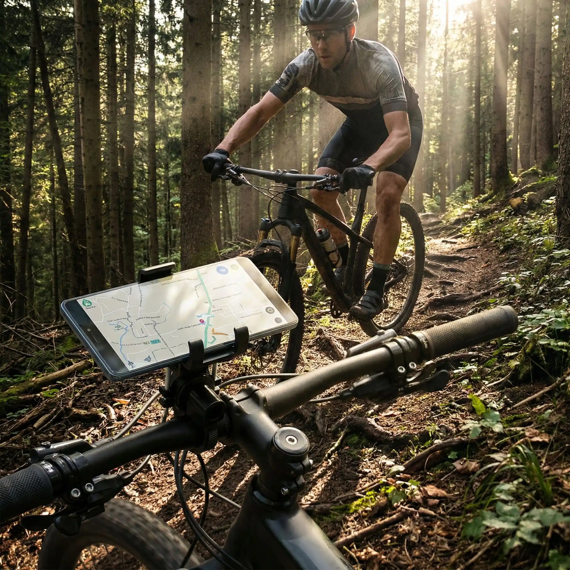 vtt_dans_sous-bois_rayons_soleil_au_travers_arbres_avec_guidon_support_vtt_pour_smartphone